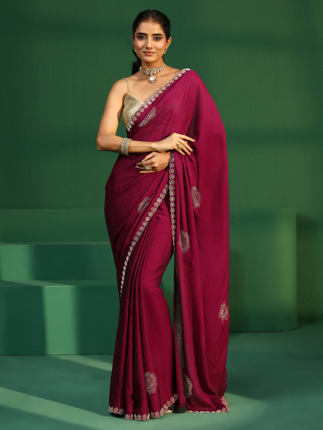  Libas Cardinal Red Embellished Silk Blend Saree 