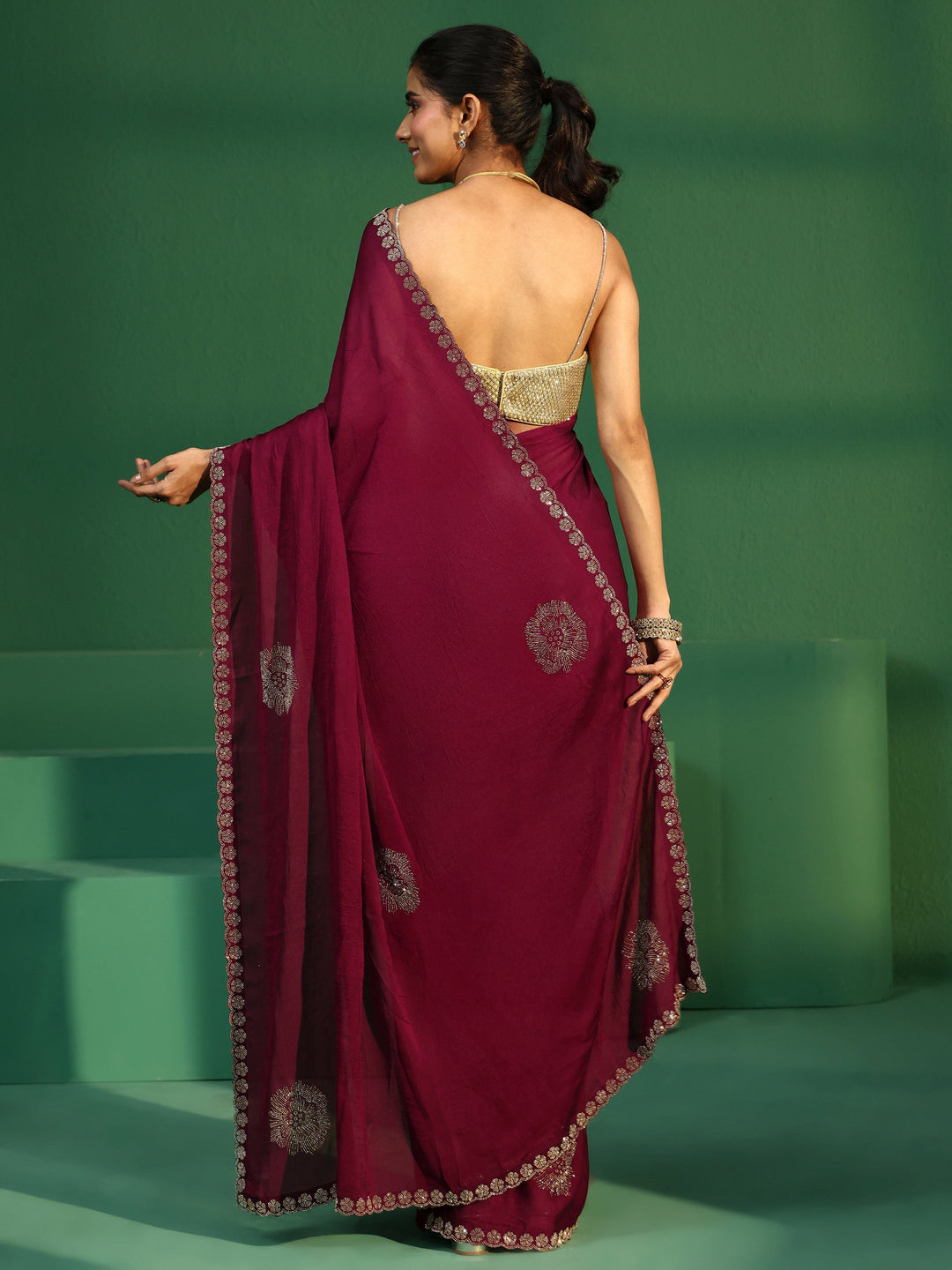  Libas Cardinal Red Embellished Silk Blend Saree 