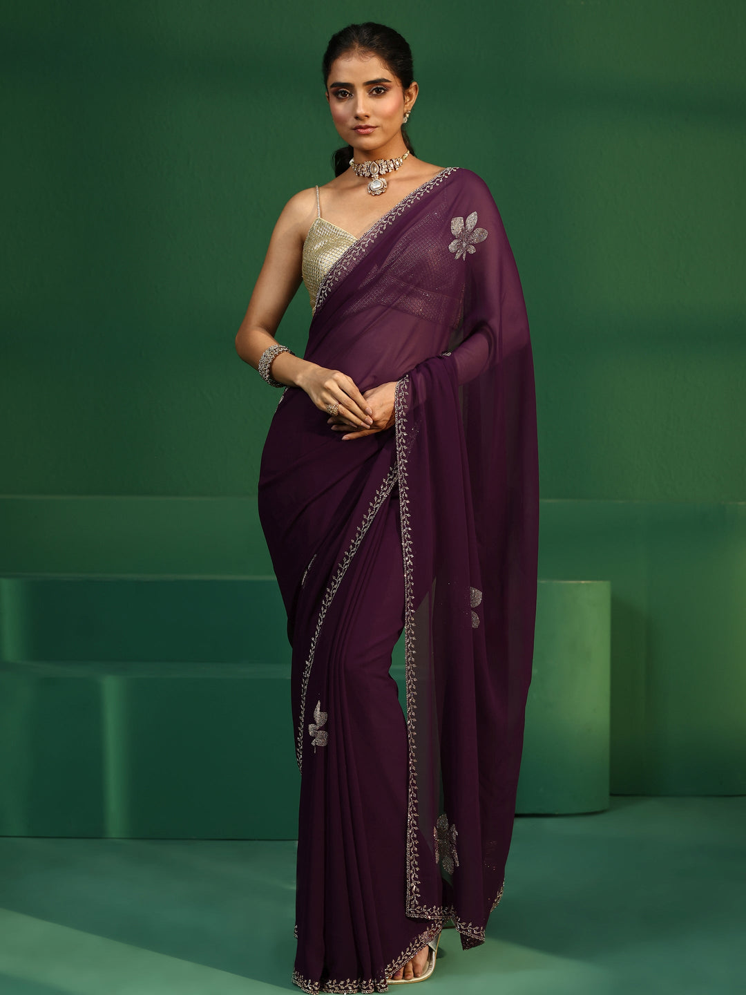  Libas Burgundy Embellished Georgette Saree 