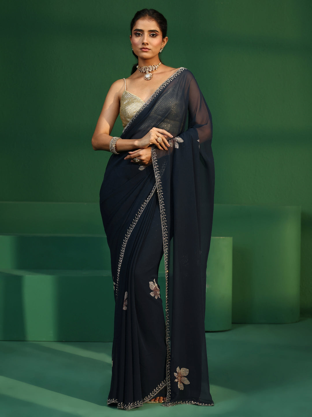  Libas Navy Blue Embellished Georgette Saree 
