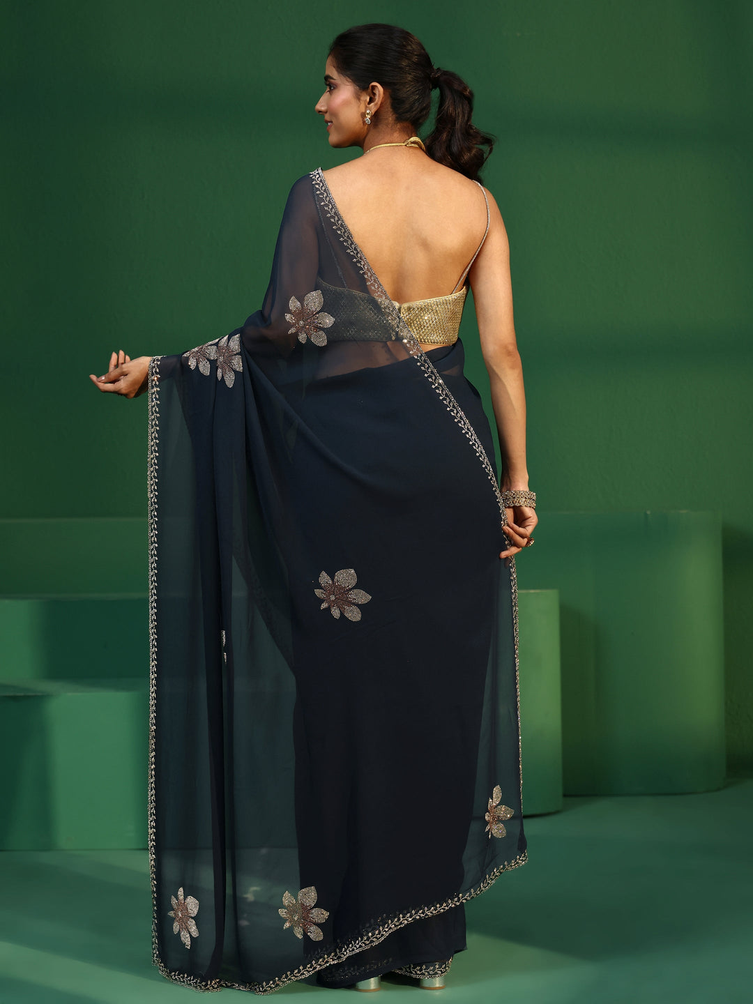  Libas Navy Blue Embellished Georgette Saree 
