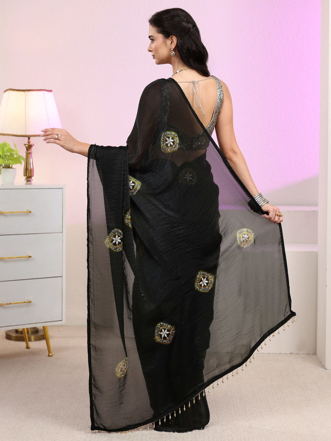 Libas Black Floral Embroidered Tissue Saree 