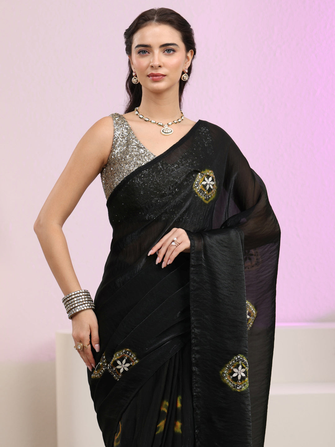  Libas Black Floral Embroidered Tissue Saree 