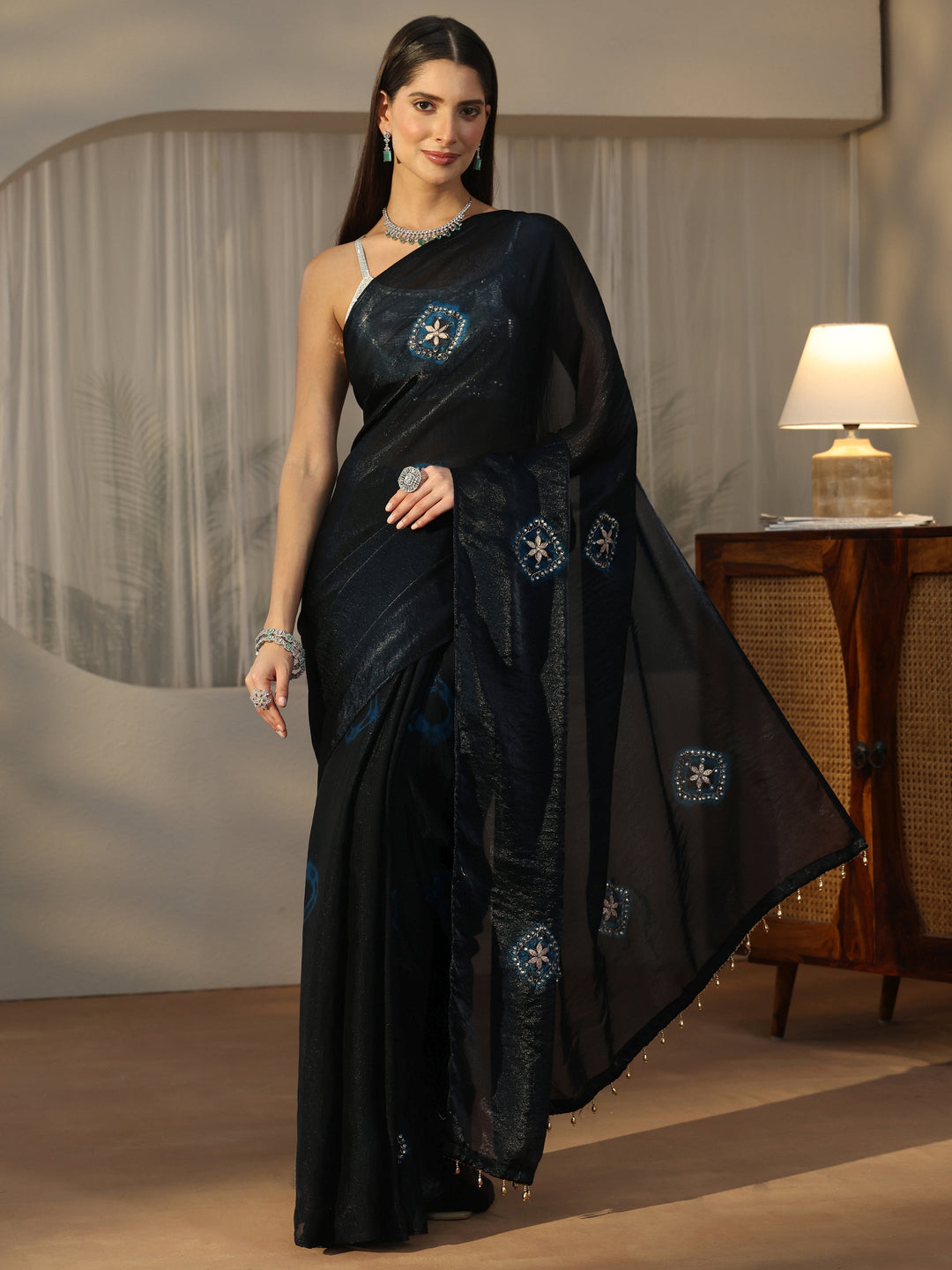  Libas Navy Blue Tissue Saree with Applique Design 