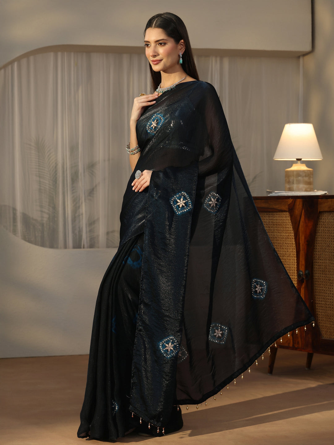  Libas Navy Blue Tissue Saree with Applique Design 