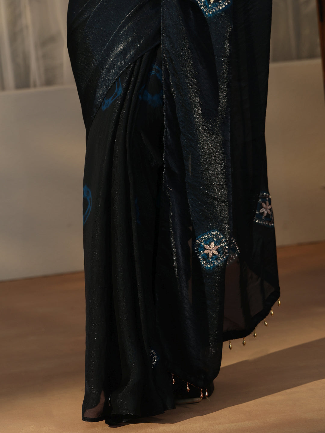  Libas Navy Blue Tissue Saree with Applique Design 