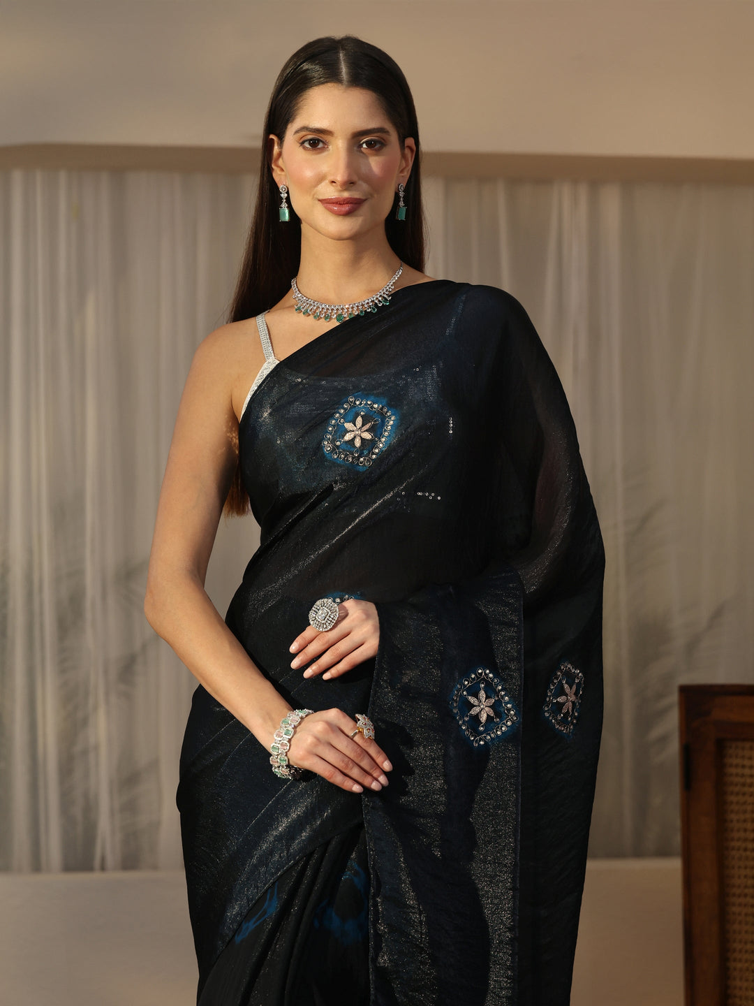  Libas Navy Blue Tissue Saree with Applique Design 