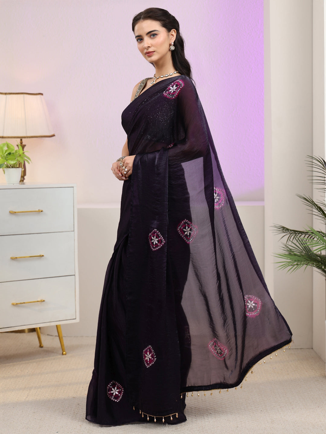  Libas Aubergiene Purple Floral Embroidered Tissue Saree 
