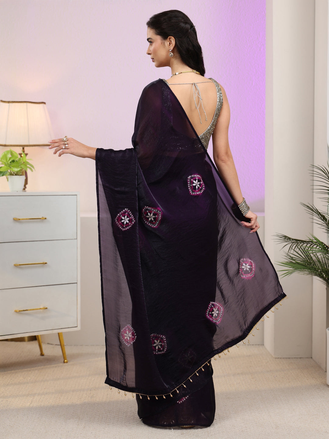 Libas Aubergiene Purple Floral Embroidered Tissue Saree 