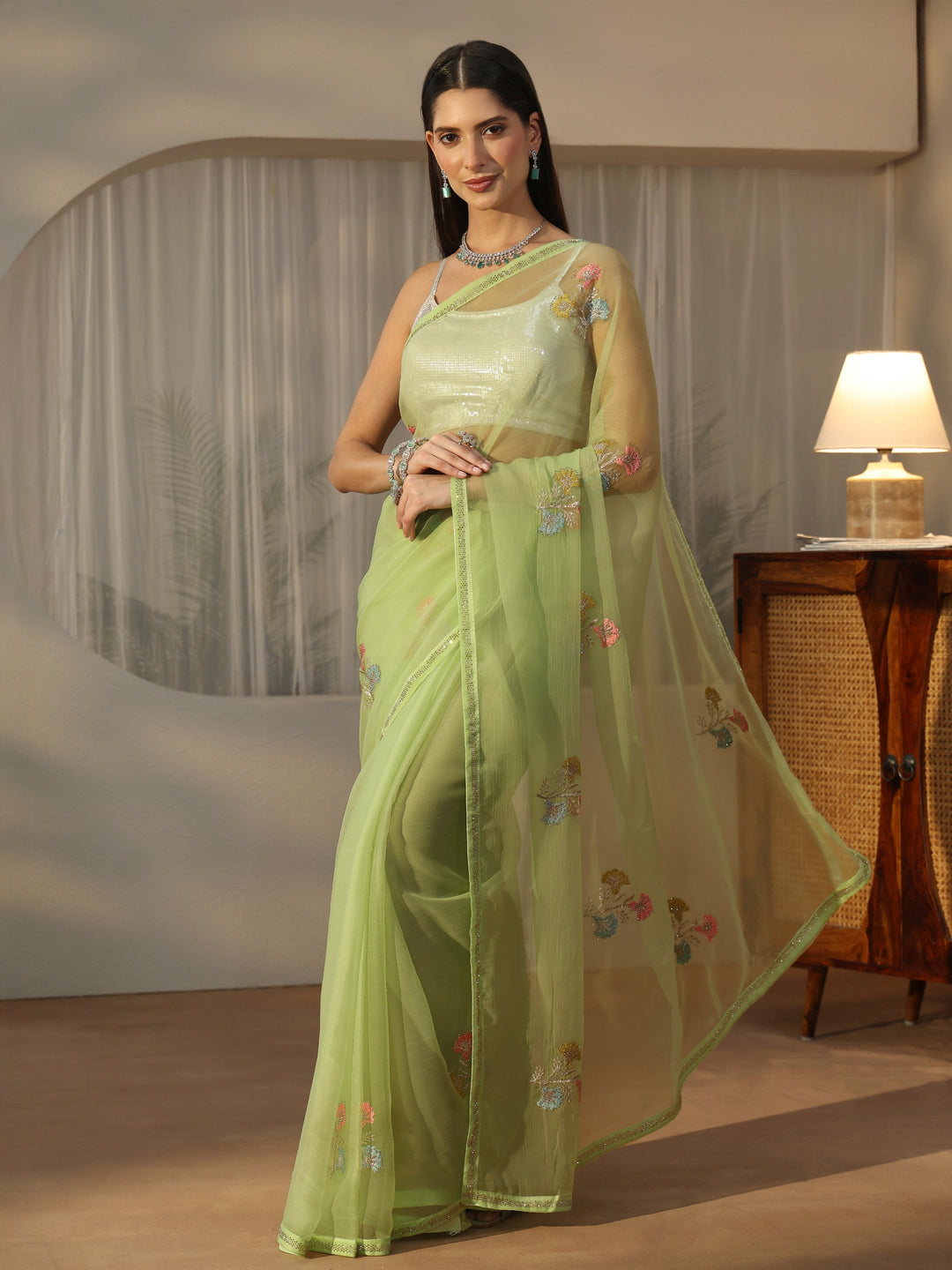  Libas Green Floral Embroidered Organza Saree 