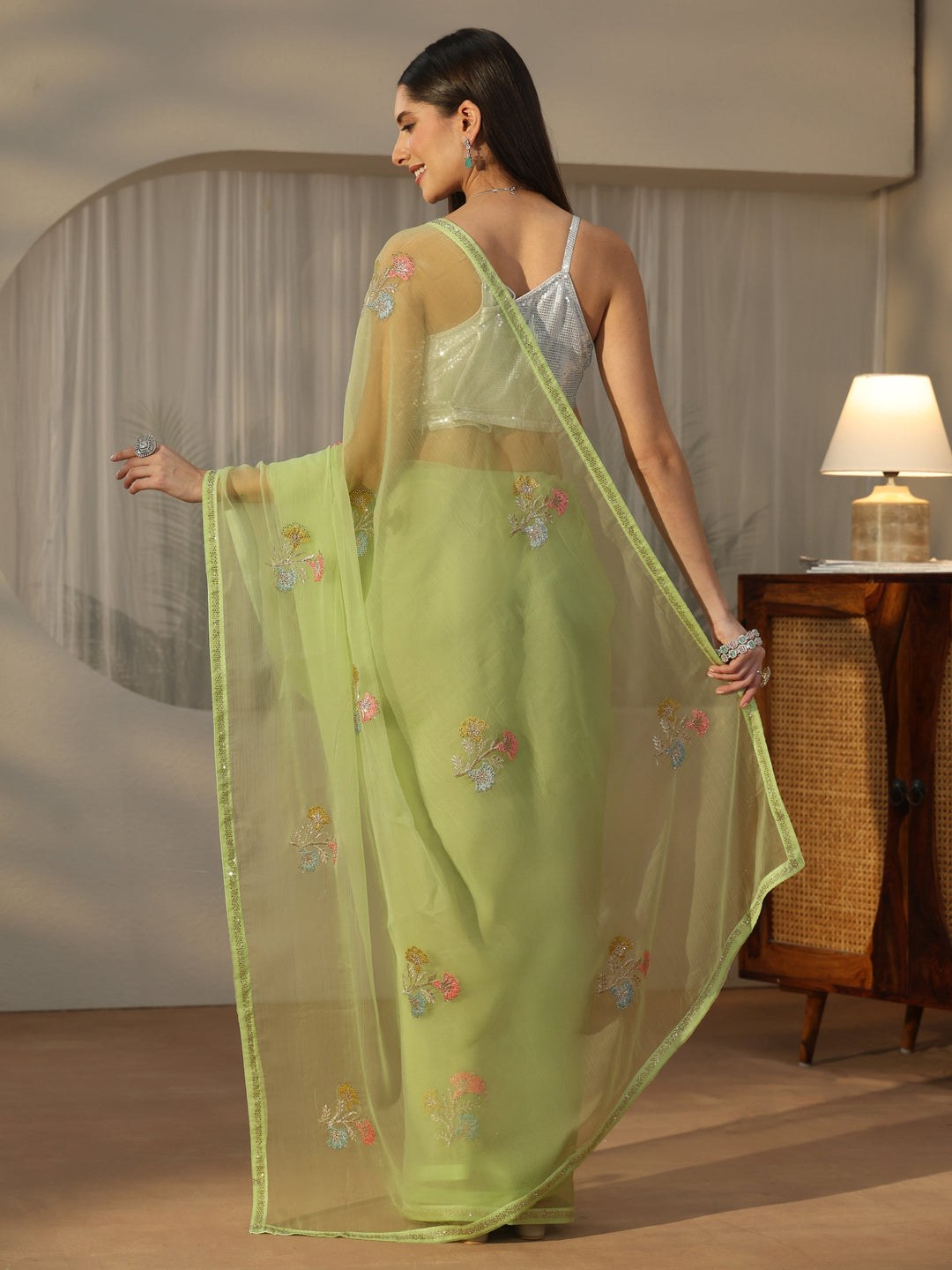  Libas Green Floral Embroidered Organza Saree 