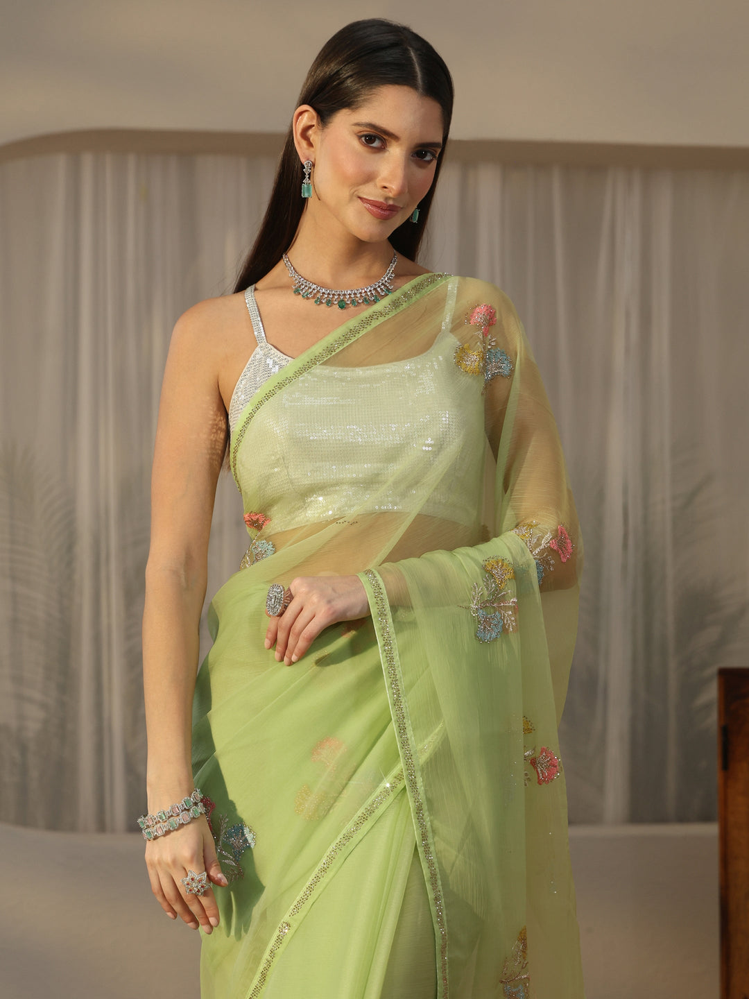  Libas Green Floral Embroidered Organza Saree 