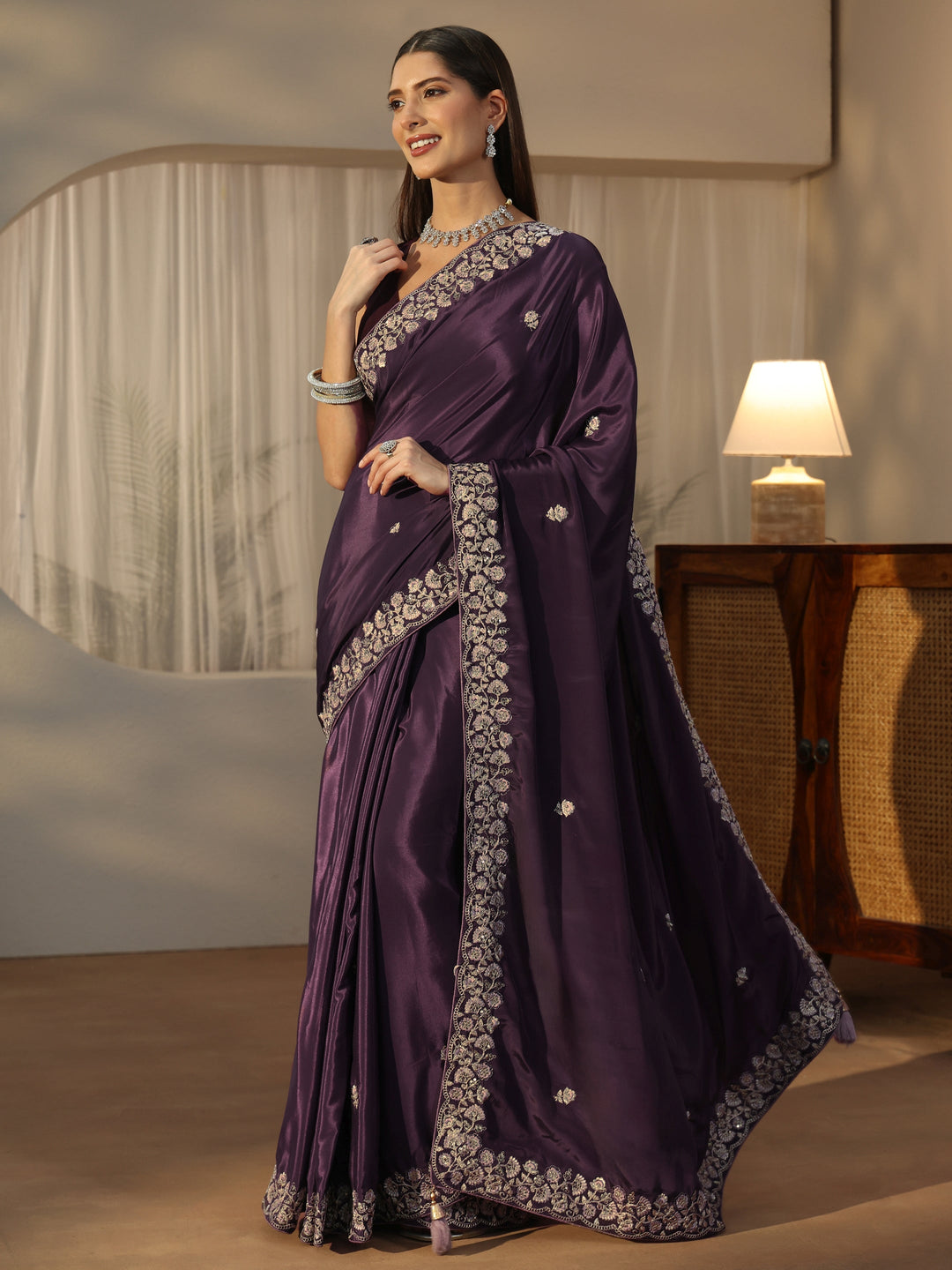  Libas Aubergine Purple Foral Embroidered Satin Saree 