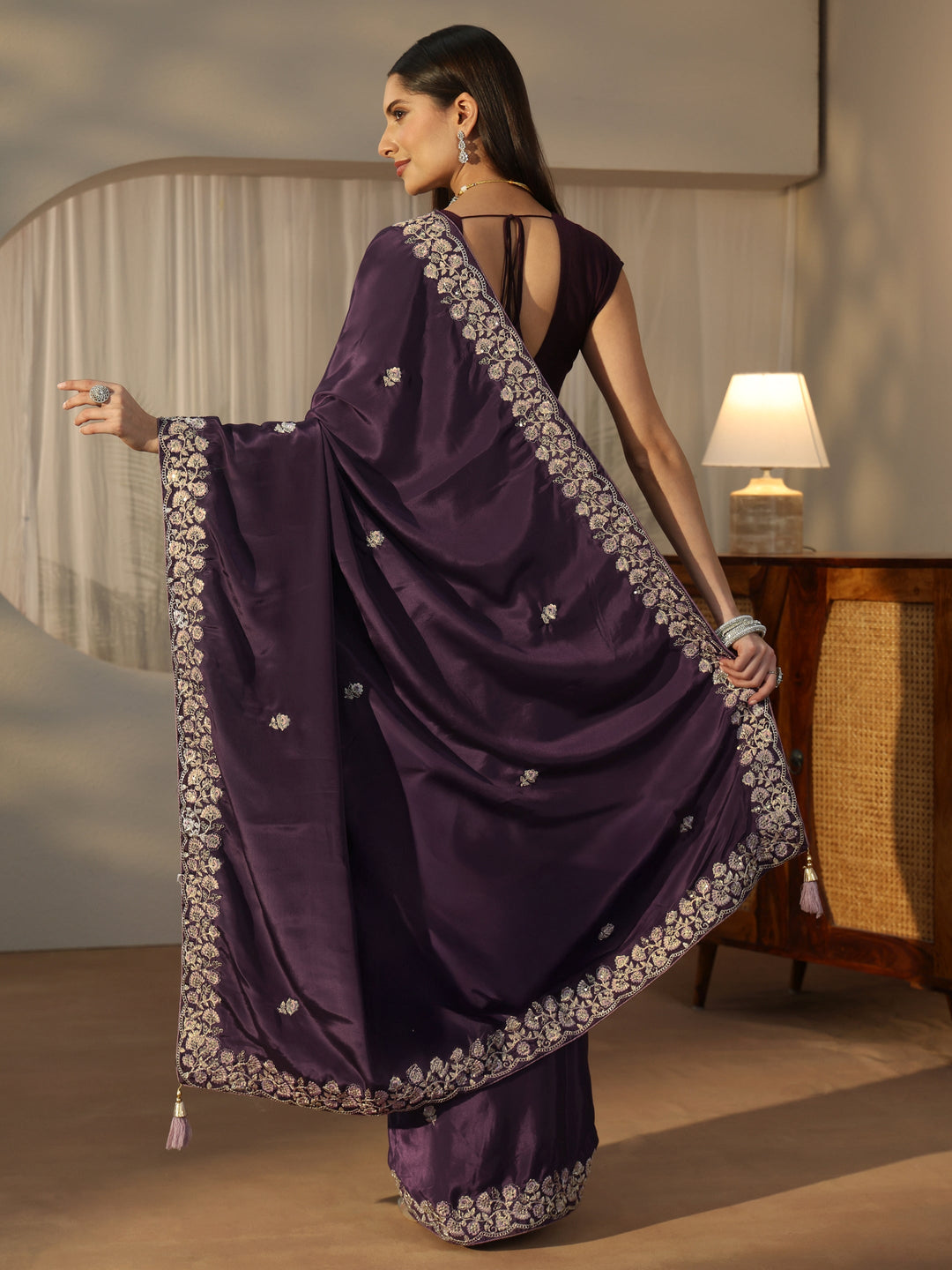 Libas Aubergine Purple Foral Embroidered Satin Saree 