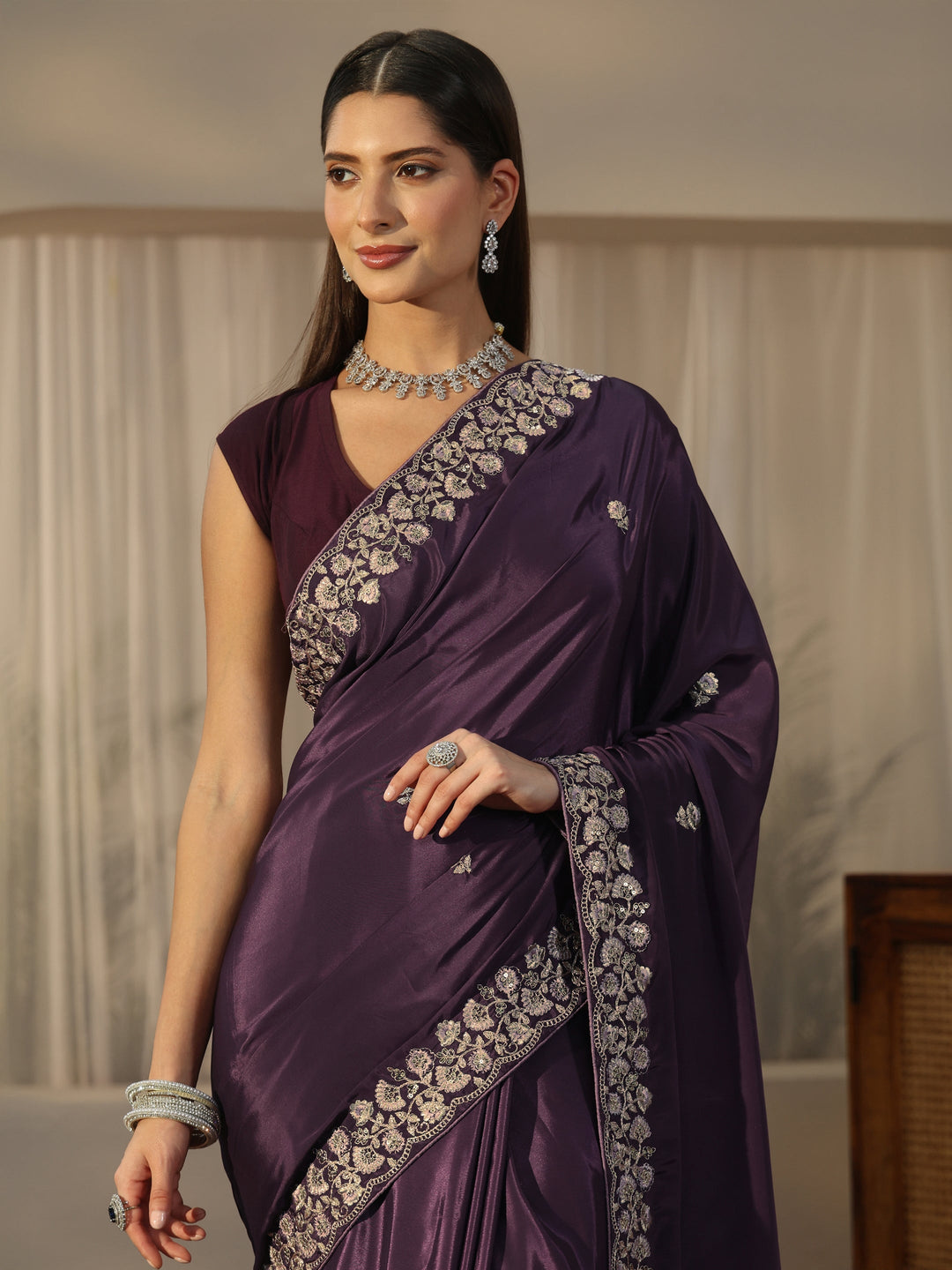  Libas Aubergine Purple Foral Embroidered Satin Saree 