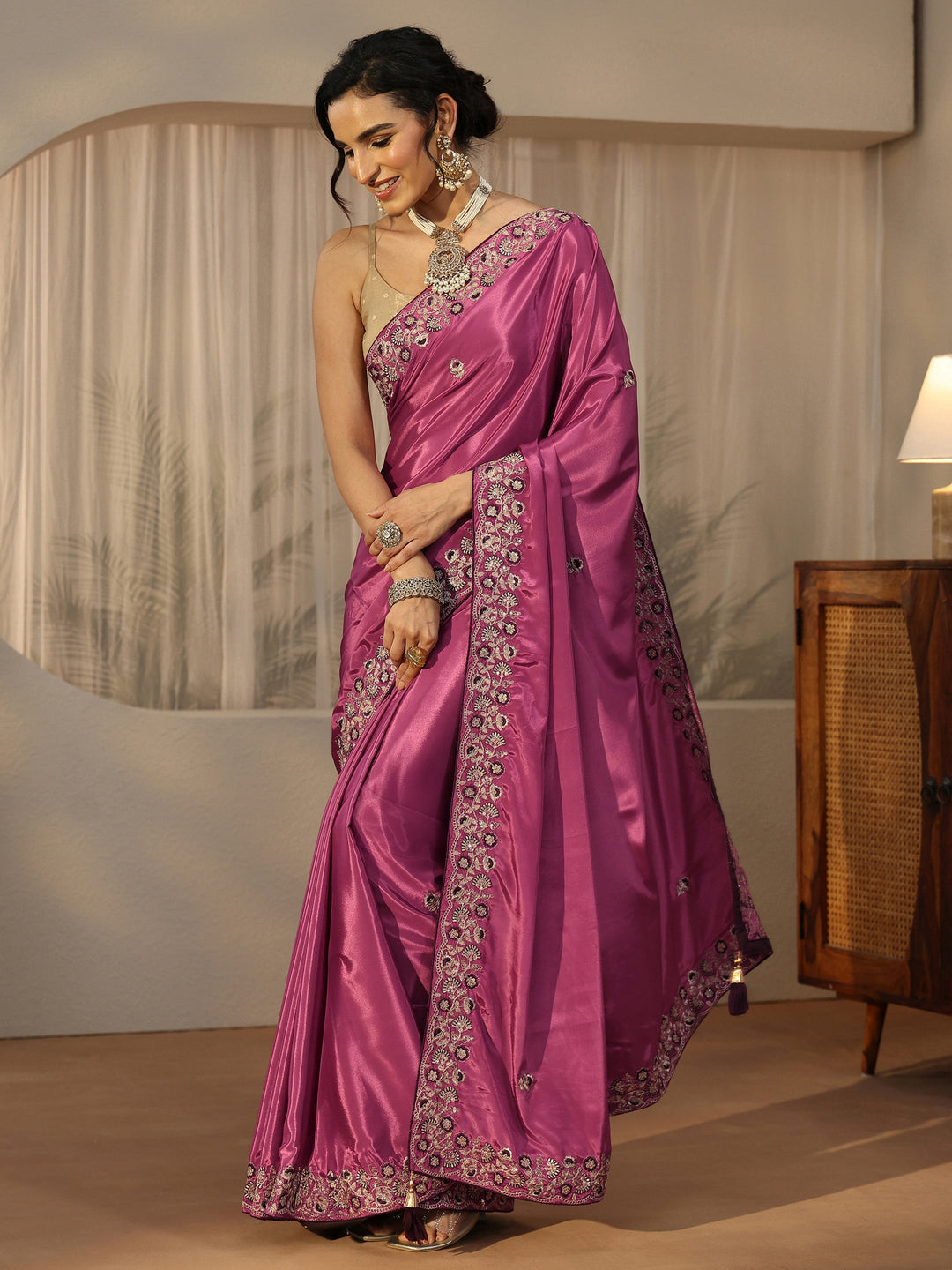 Libas Mauve Floral Embroidered Satin Saree 