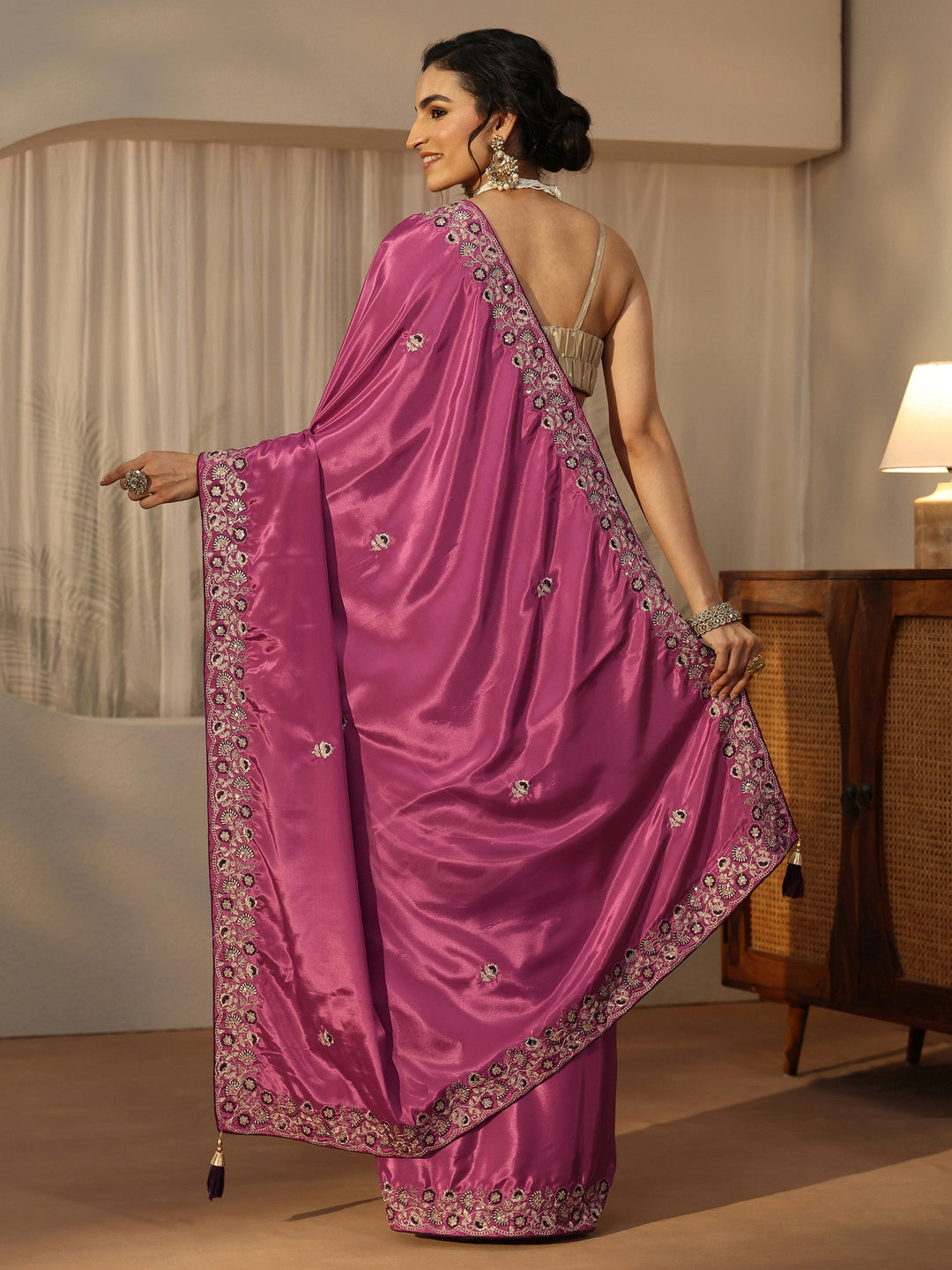  Libas Mauve Floral Embroidered Satin Saree 