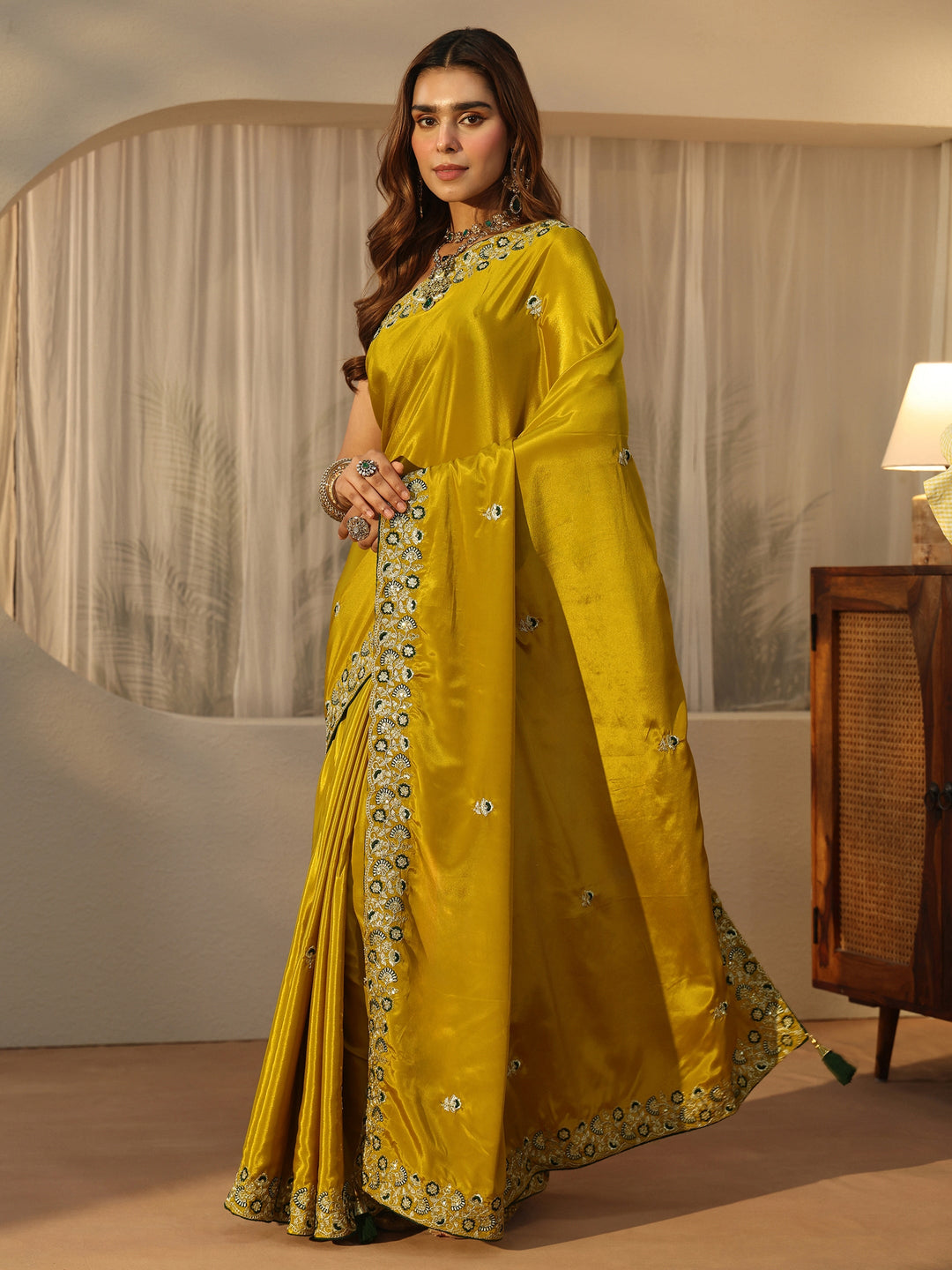  Libas Green Floral Embroidered Satin Saree 