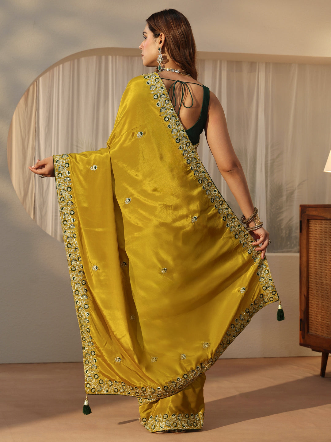  Libas Green Floral Embroidered Satin Saree 