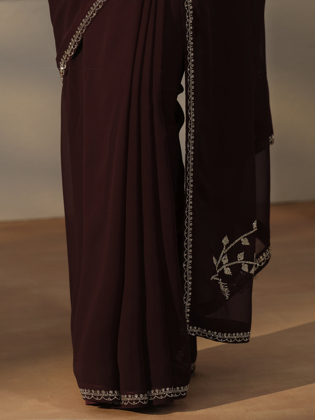  Libas Dark Brown Floral Embellished Georgette Saree 