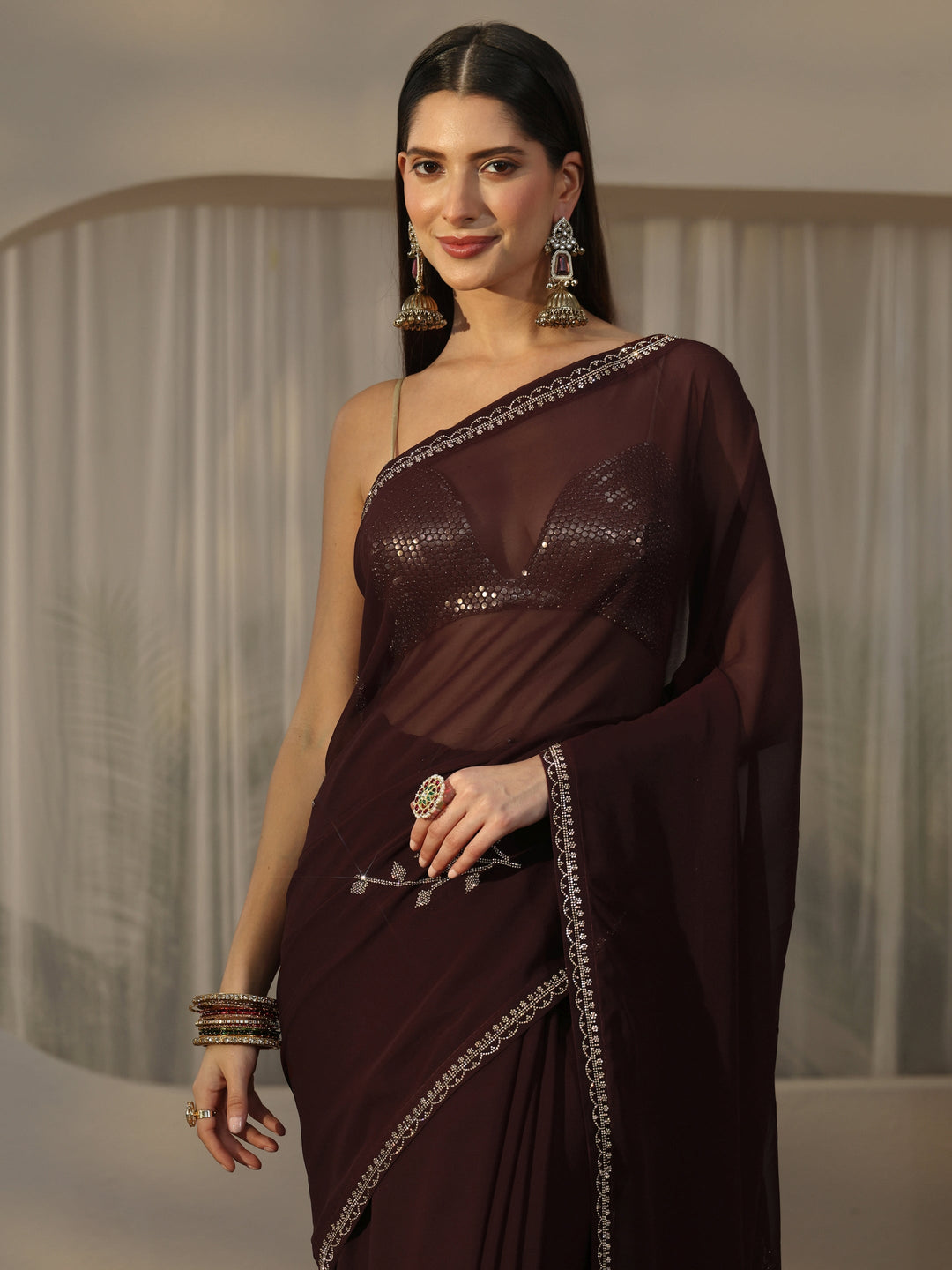  Libas Dark Brown Floral Embellished Georgette Saree 