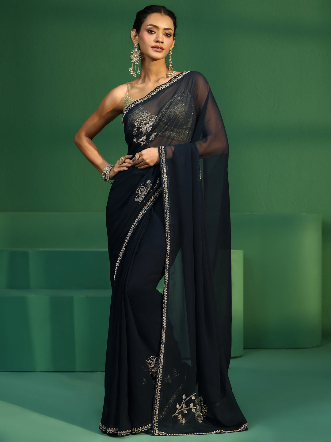  Libas Teal Blue Floral Embellished Georgette Saree 