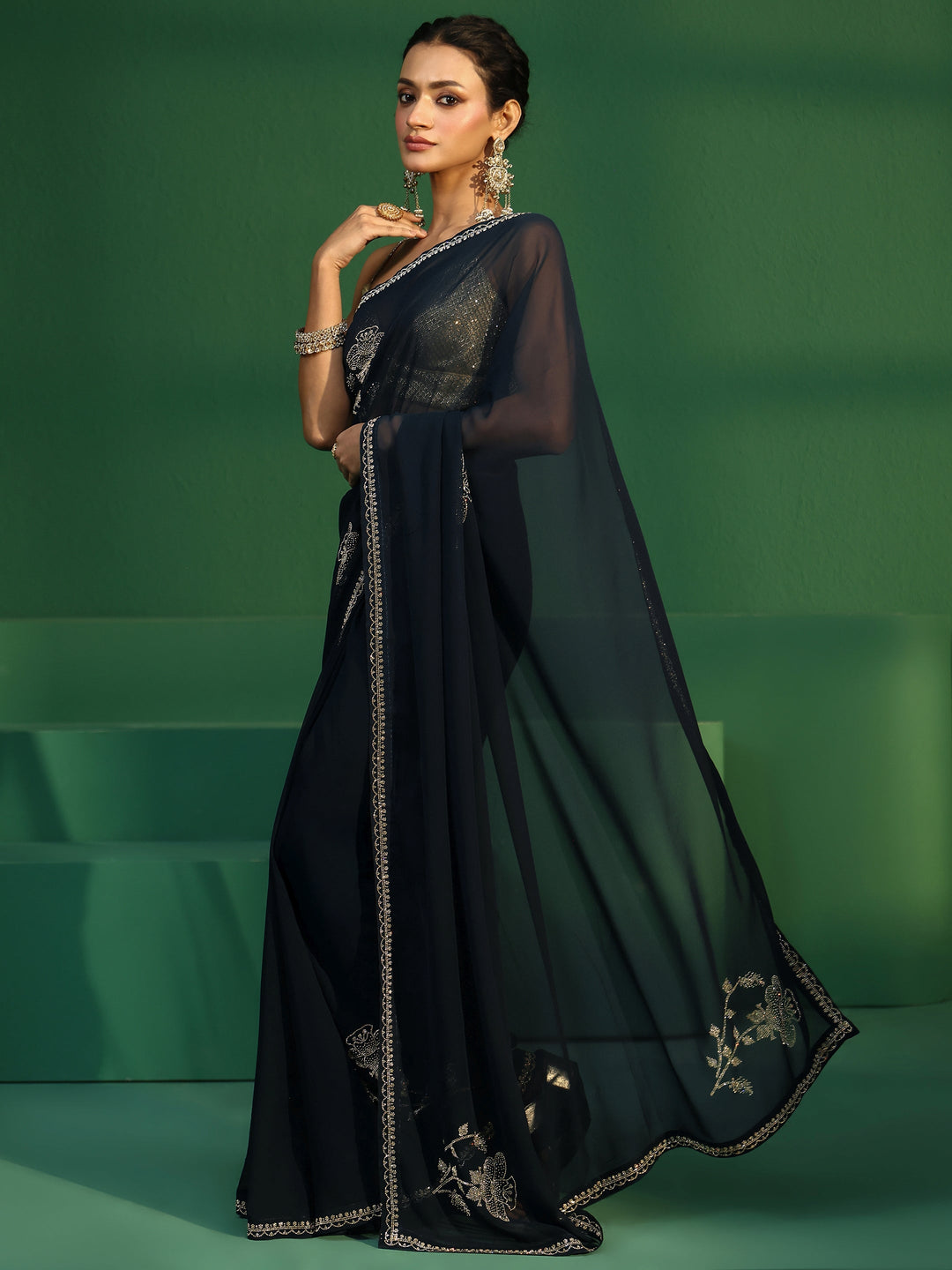  Libas Teal Blue Floral Embellished Georgette Saree 