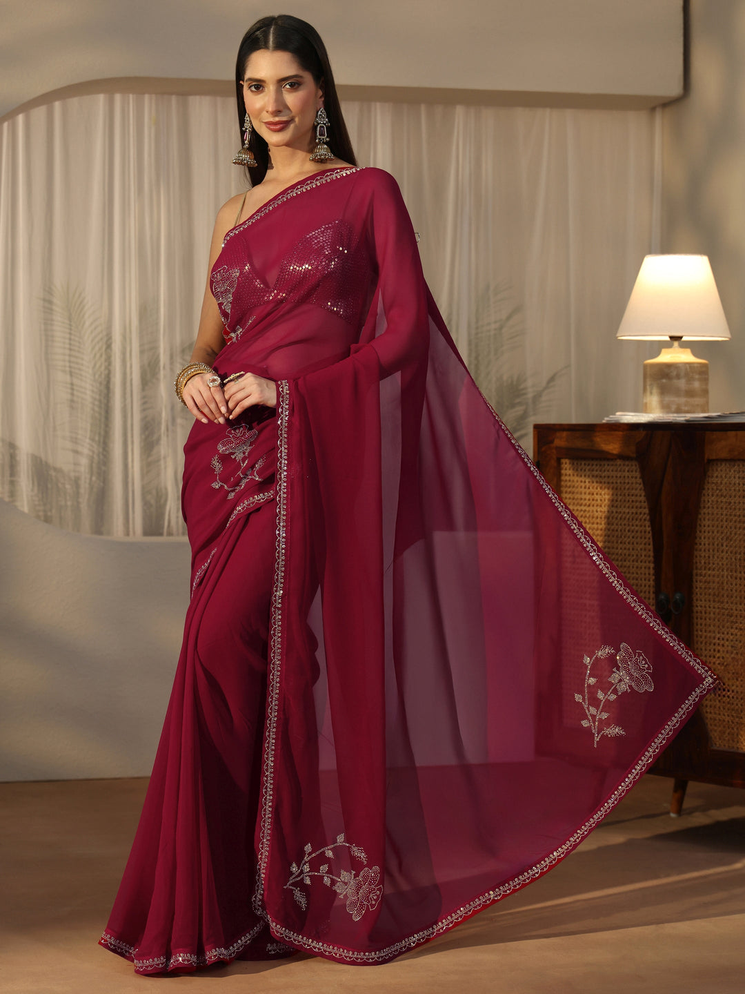  Libas Rani Pink Floral Embellished Georgette Saree 