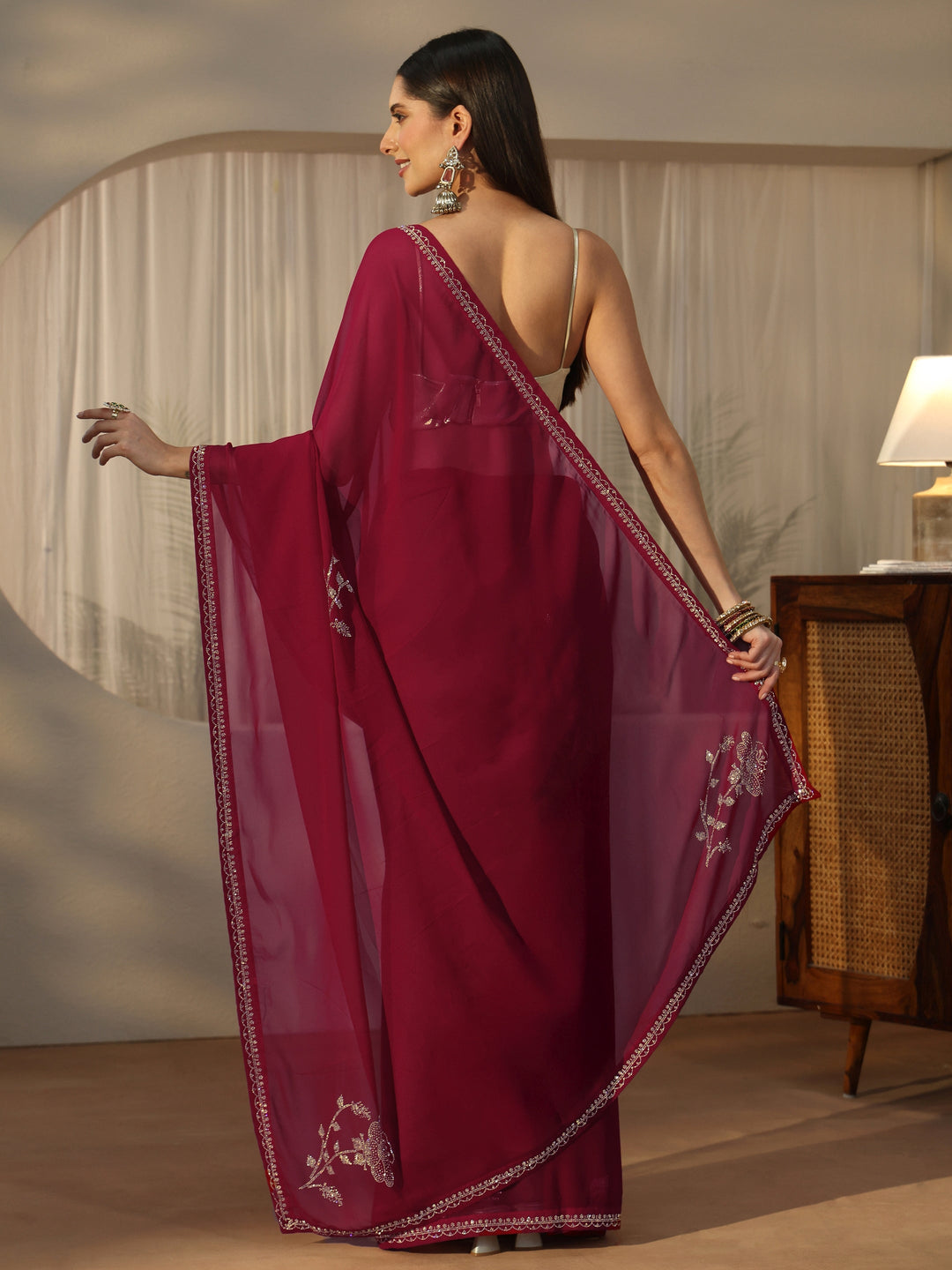  Libas Rani Pink Floral Embellished Georgette Saree 