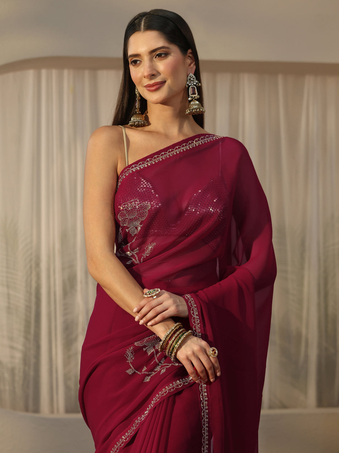  Libas Rani Pink Floral Embellished Georgette Saree 