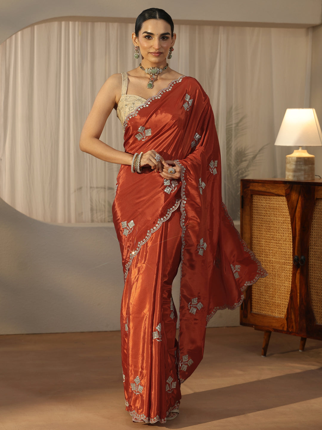  Libas Burnt Orange Floral Embellished Satin Saree 