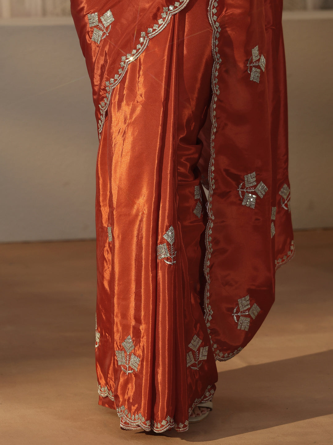  Libas Burnt Orange Floral Embellished Satin Saree 