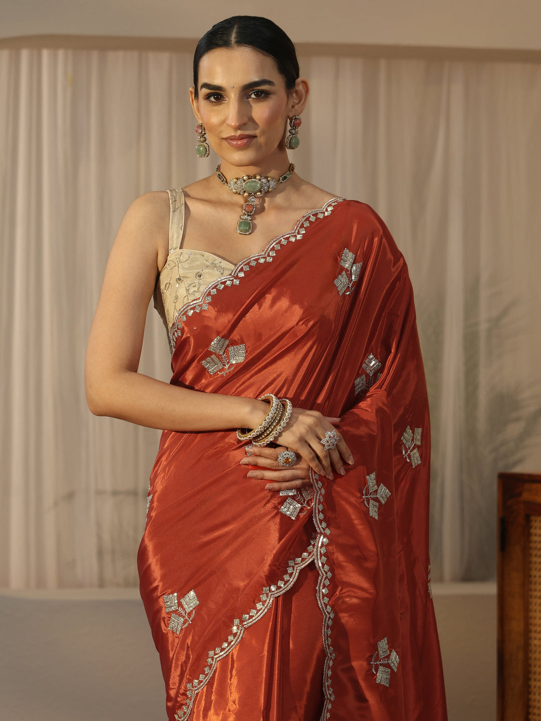  Libas Burnt Orange Floral Embellished Satin Saree 