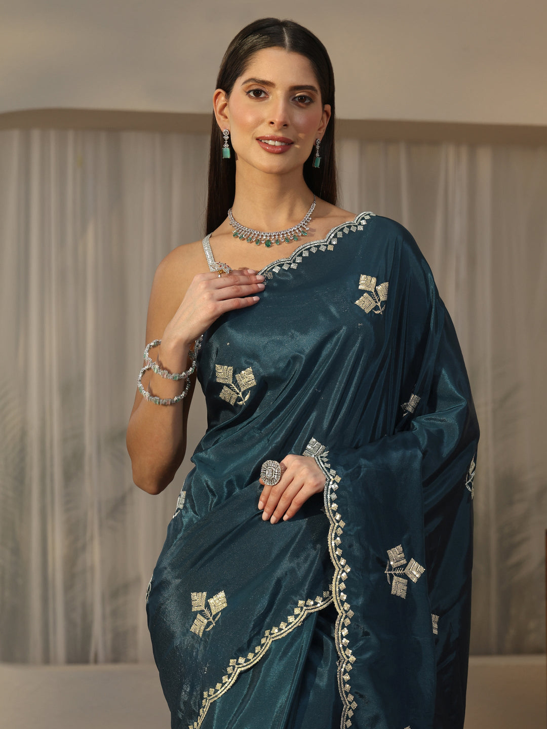  Libas Teal Blue Floral Embellished Satin Saree 