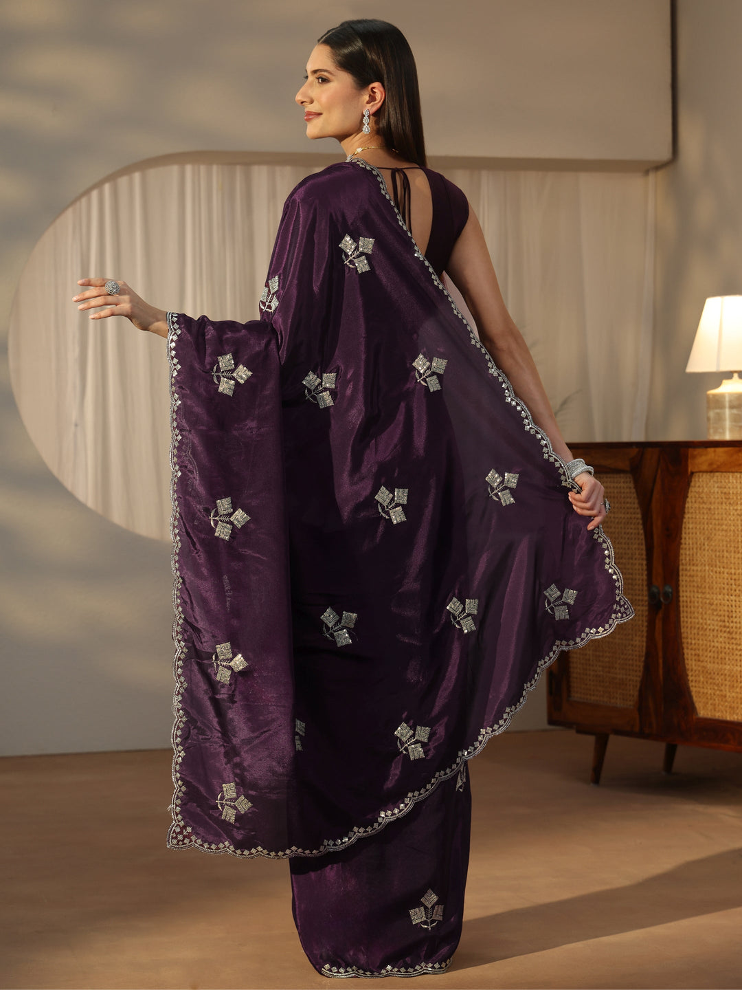  Libas Aubergine Purple Floral Embellished Satin Saree 