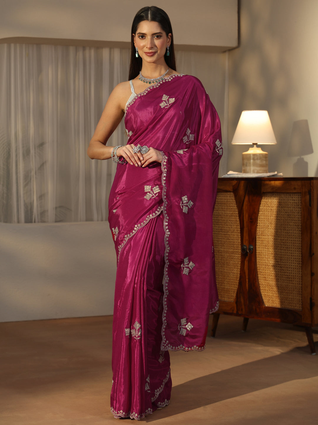  Libas Rani Pink Floral Embellished Satin Saree 