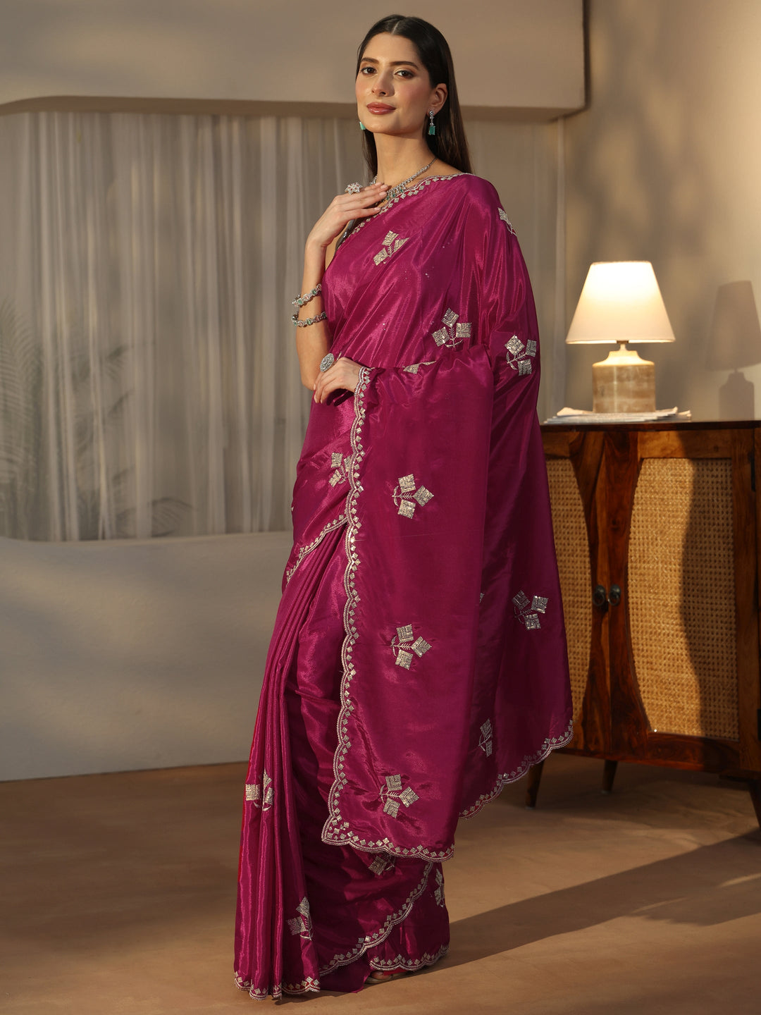  Libas Rani Pink Floral Embellished Satin Saree 