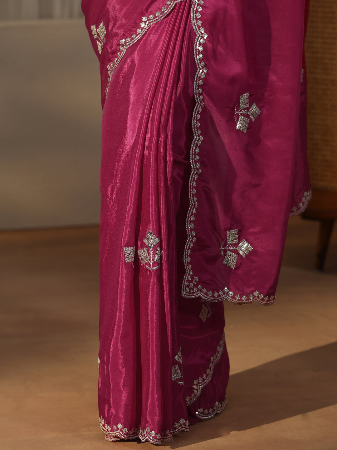  Libas Rani Pink Floral Embellished Satin Saree 
