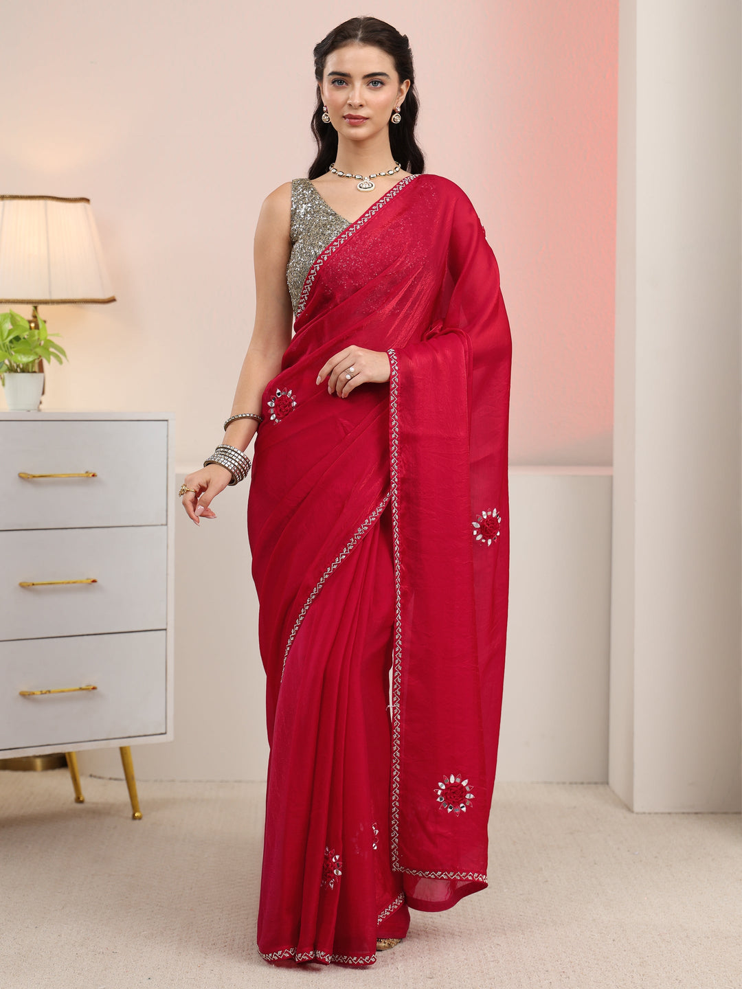  Libas Rani Pink Mirror Work Tissue Saree with Embellished Border 