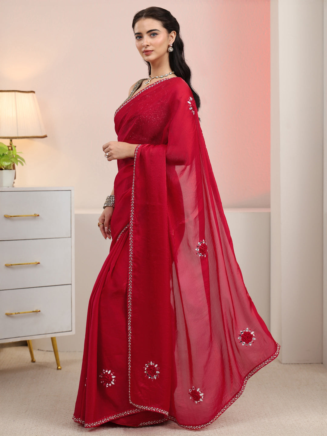  Libas Rani Pink Mirror Work Tissue Saree with Embellished Border 