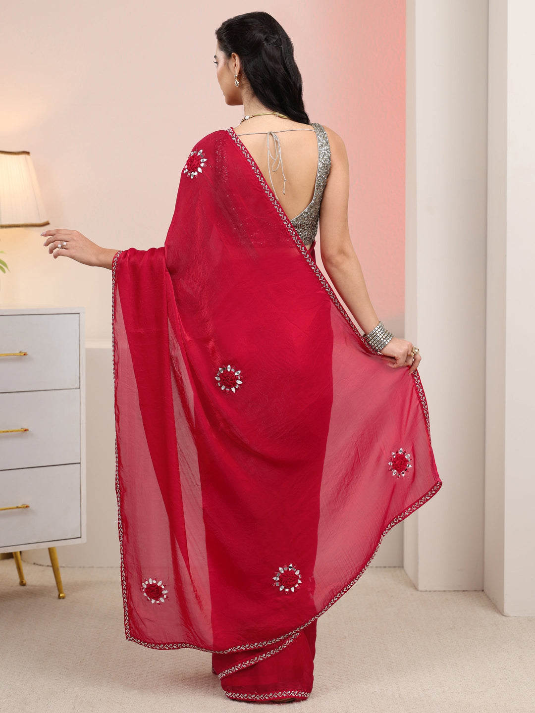  Libas Rani Pink Mirror Work Tissue Saree with Embellished Border 