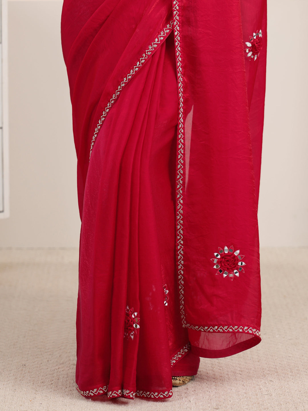  Libas Rani Pink Mirror Work Tissue Saree with Embellished Border 