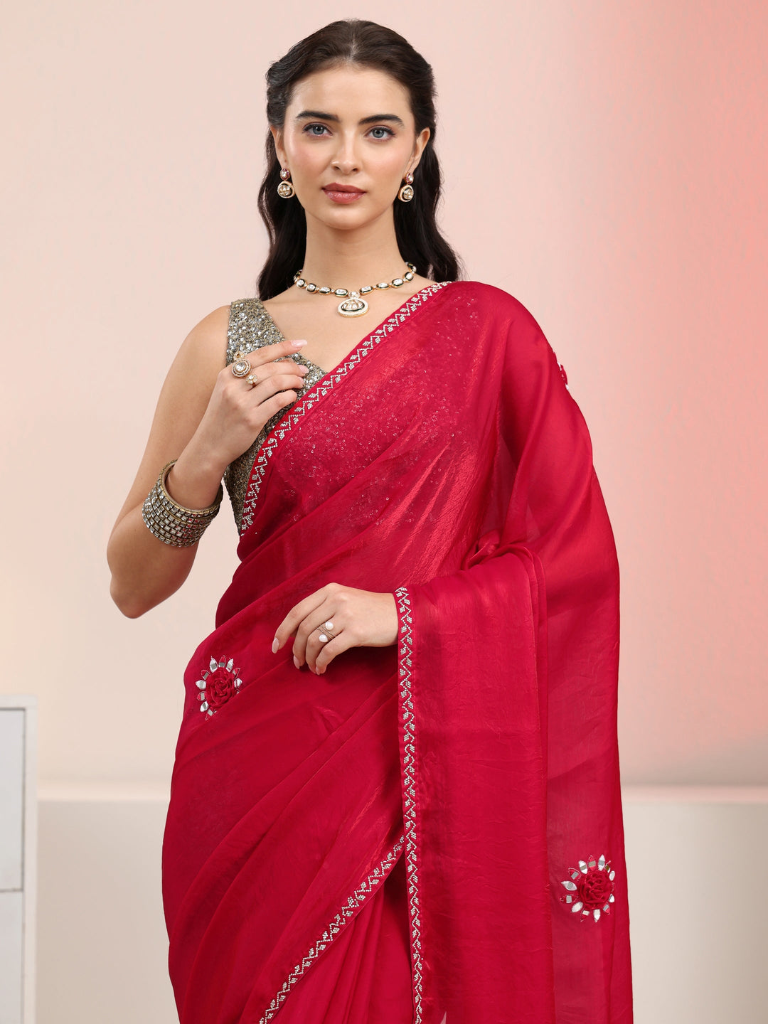  Libas Rani Pink Mirror Work Tissue Saree with Embellished Border 