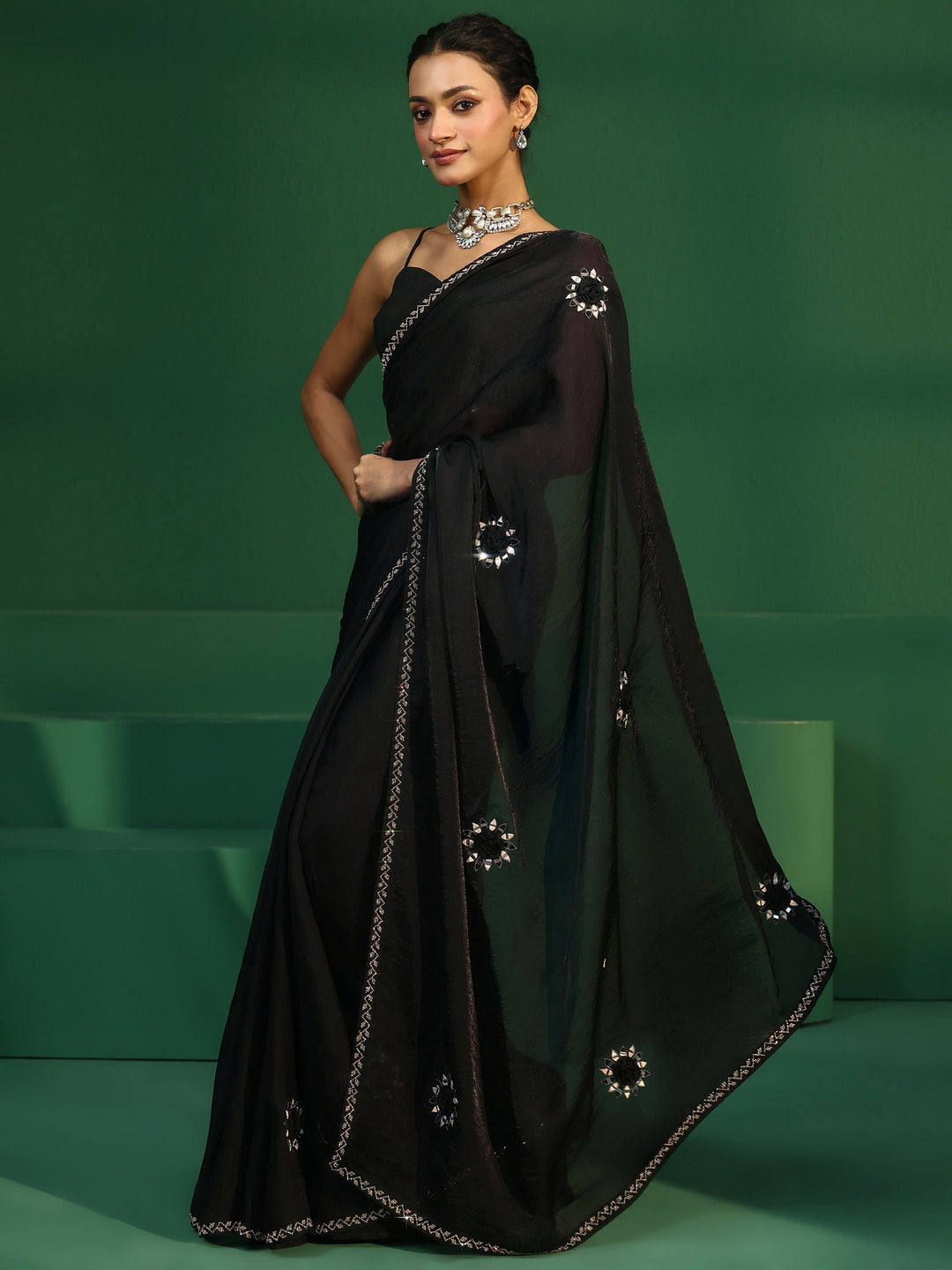  Libas Black Floral Mirror Work Embellished Tissue Saree 