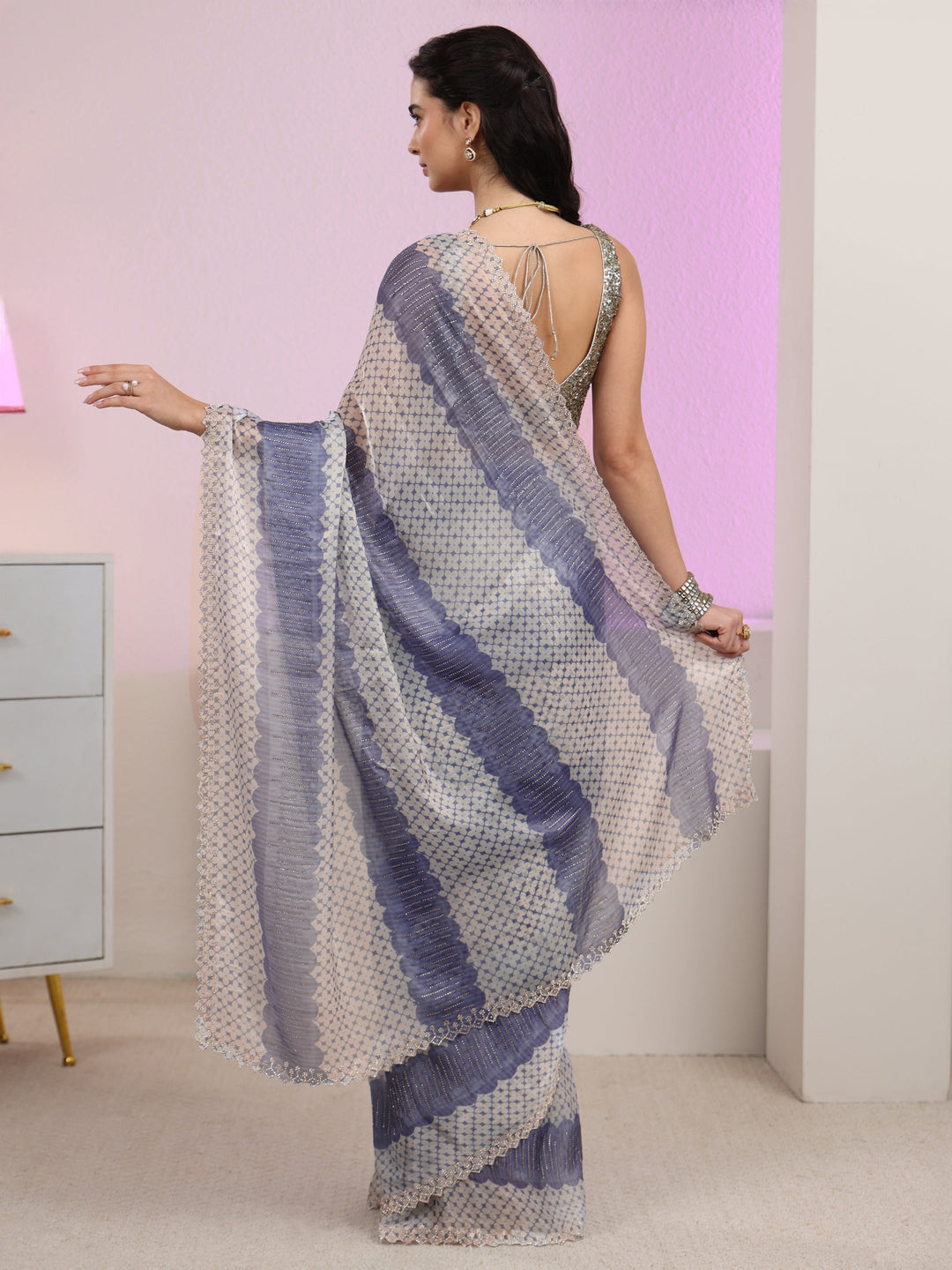  Libas Lavender Geometric Embellished Tissue Saree 