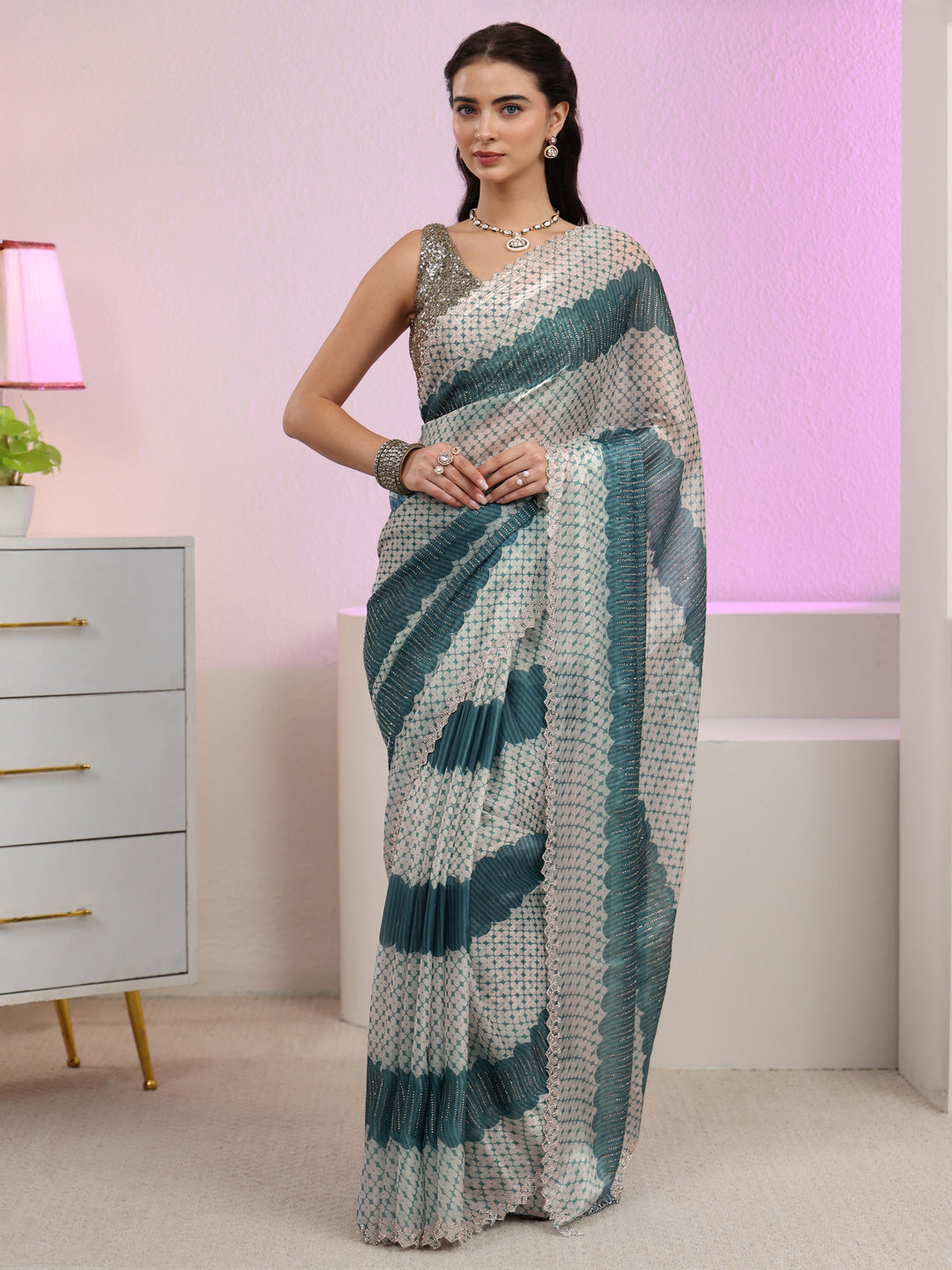  Libas Teal Blue Geometric Embellished Tissue Saree 
