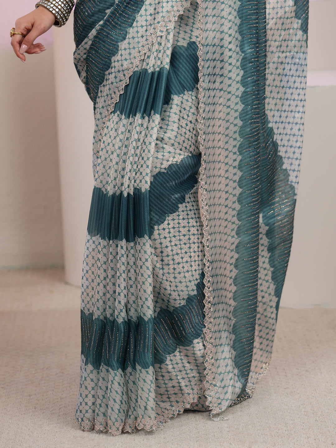  Libas Teal Blue Geometric Embellished Tissue Saree 