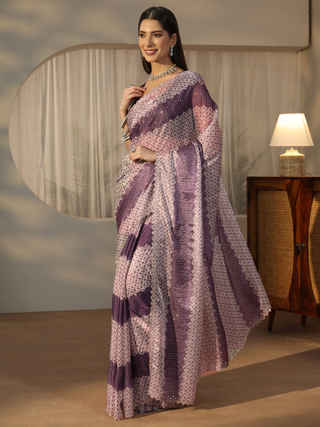  Libas Purple Geometric Stone Work Embellished Saree 