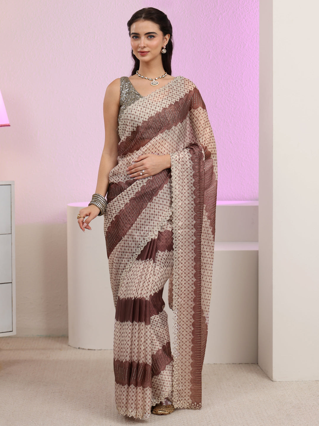  Libas Brown Geometric Embellished Tissue Saree 