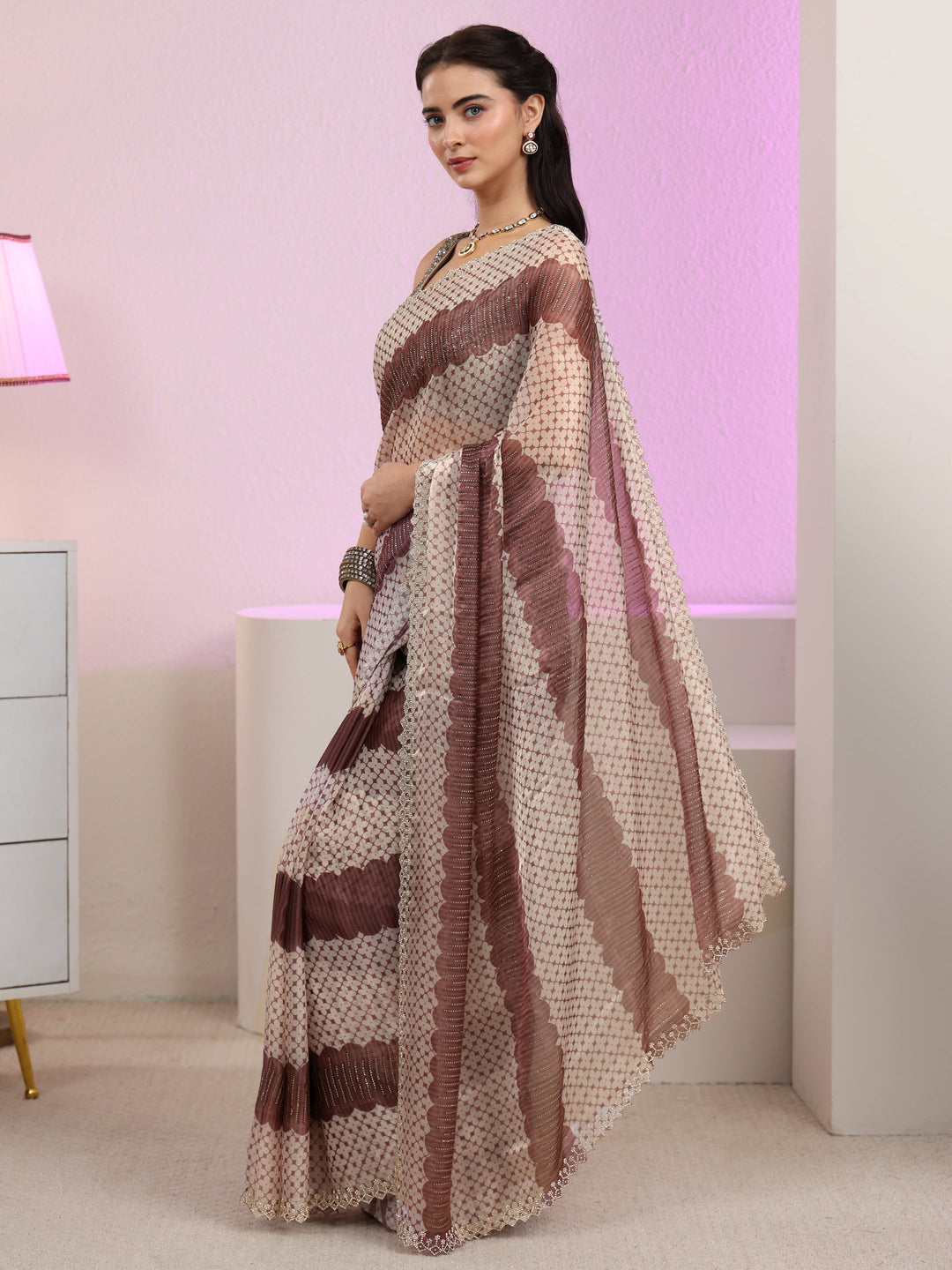  Libas Brown Geometric Embellished Tissue Saree 